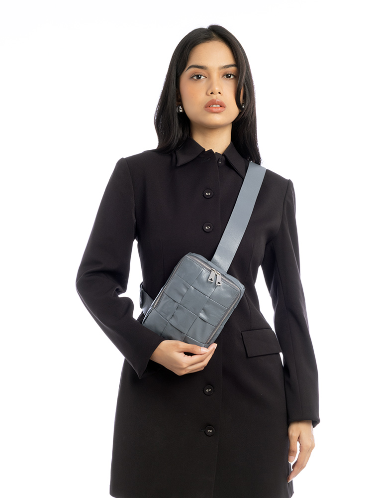 Calfskin Intreccio Cassette Mini Sling Bag Thunder Grey