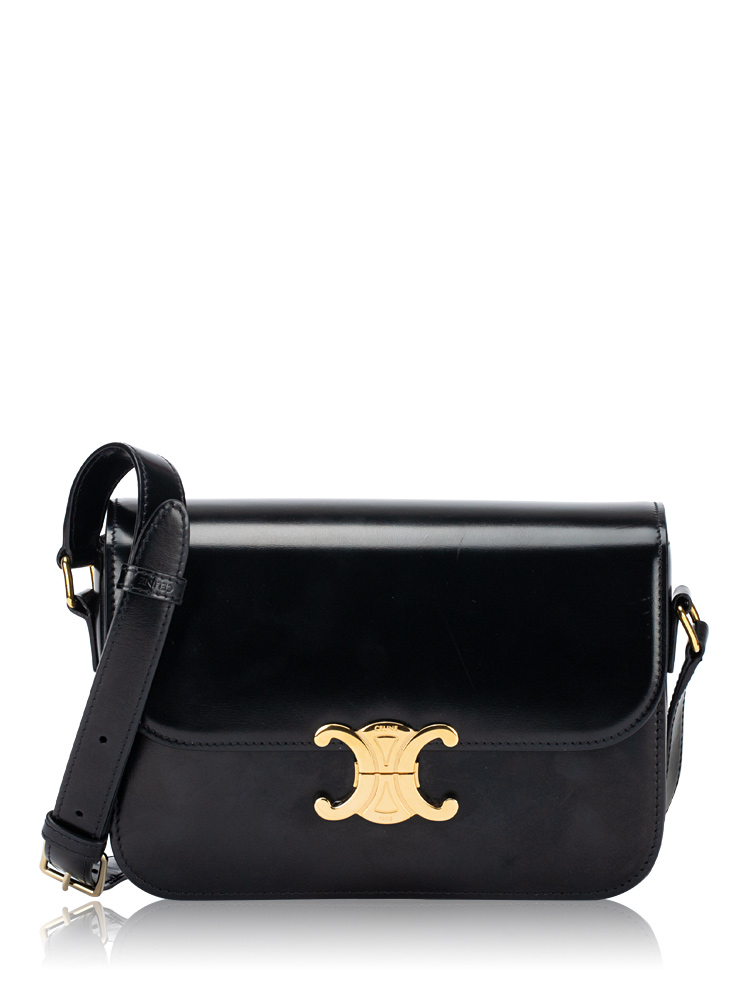 Shiny Calfskin Triomphe Classique Shoulder Bag Black