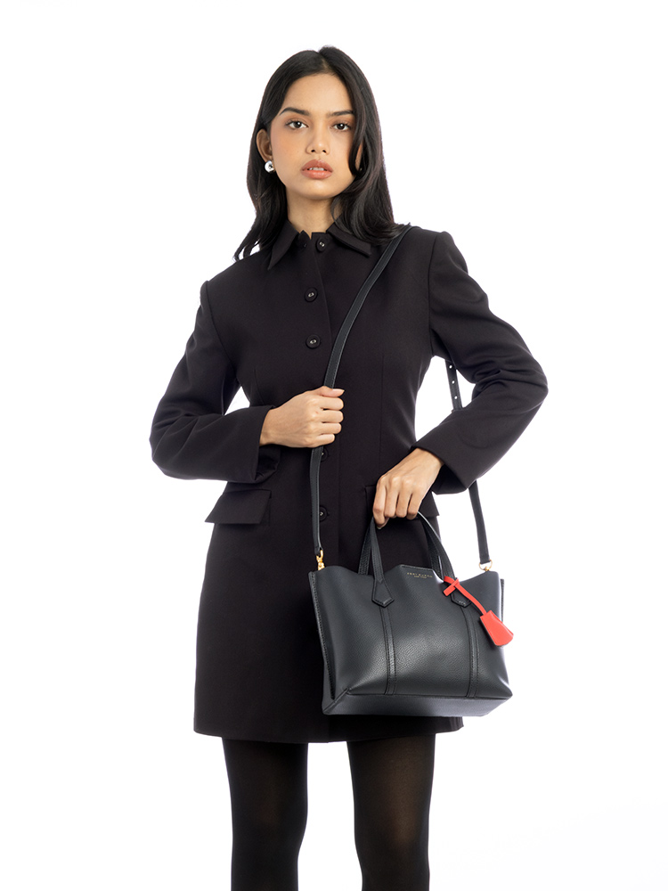 Perry Leather Small Triple Compartment Tote Black