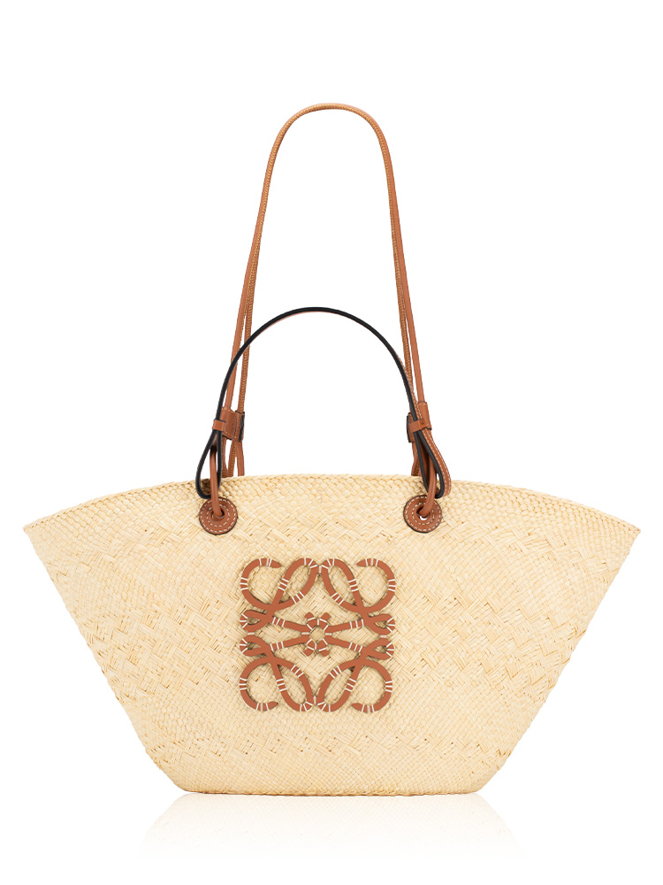 Calfskin Raffia Anagram Medium Basket Tote Natural Tan