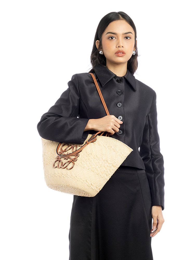 Calfskin Raffia Anagram Medium Basket Tote Natural Tan