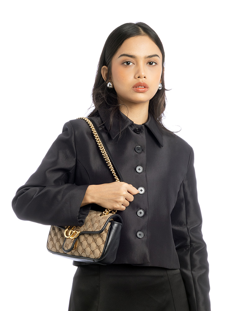 Canvas GG Marmont Matelasse Mini Shoulder Bag Beige Black