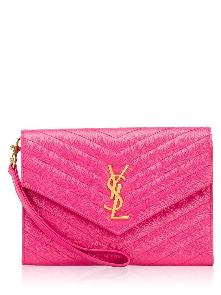 Grain De Poudre Matelasse Chevron Monogram Envelope Clutch Fuchsia