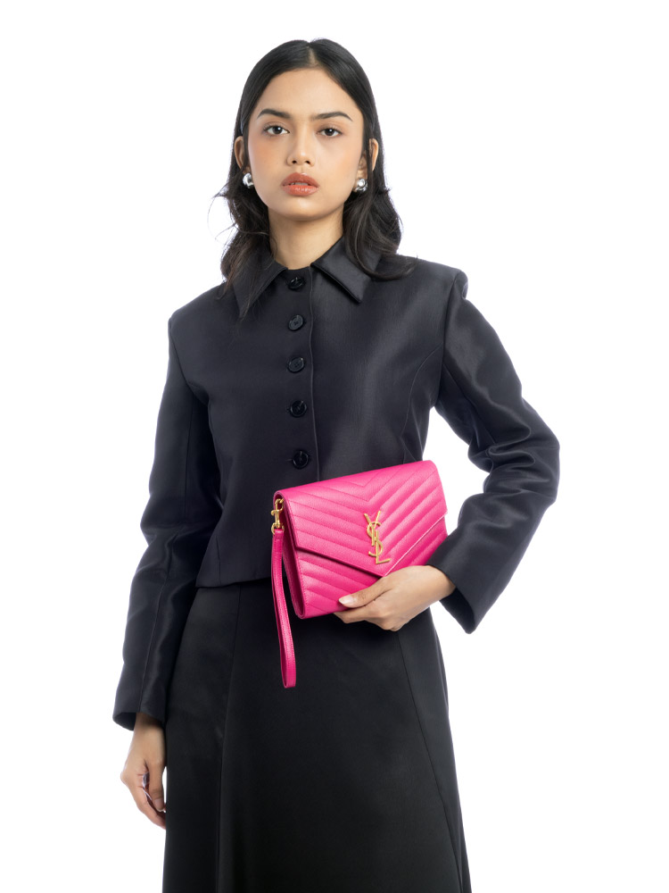 Grain De Poudre Matelasse Chevron Monogram Envelope Clutch Fuchsia