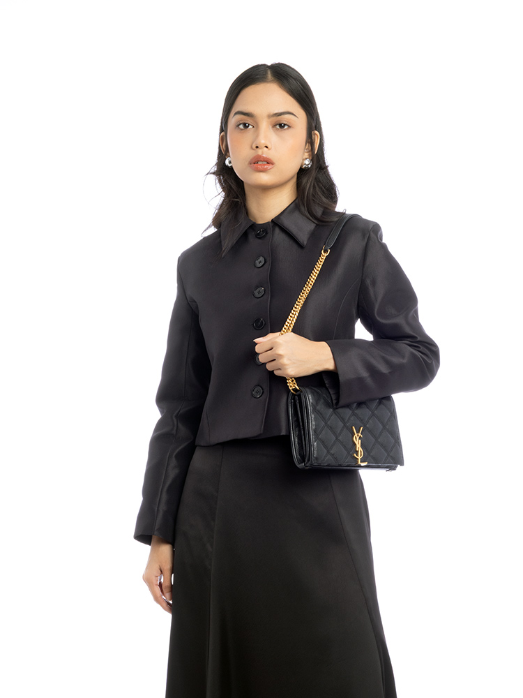 Lambskin Diamond Quilted Becky Chain Wallet Black