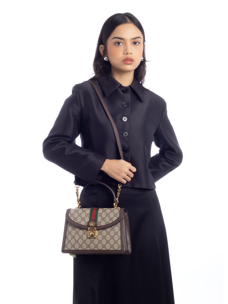 GG Supreme Web Ophidia Medium Top Handle Bag Beige Ebony