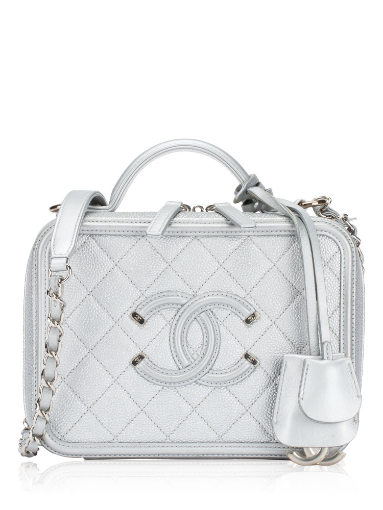 Metallic Caviar CC Filigree Medium Vanity Case Silver