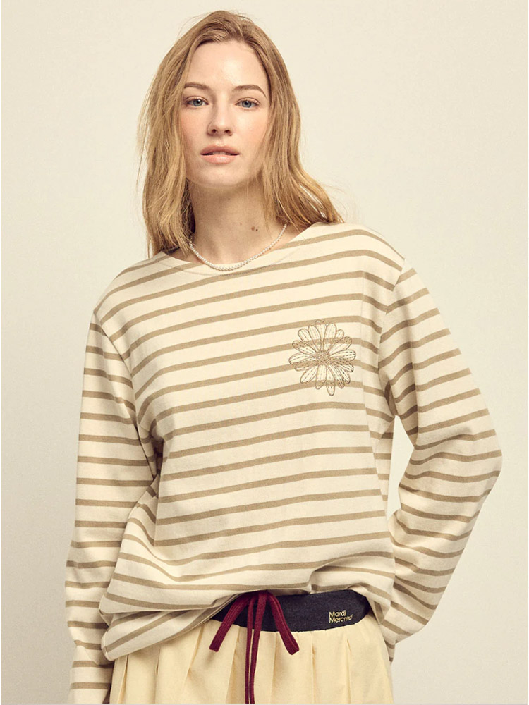 Stripe Long Sleeve T-Shirt Beige Chesnut