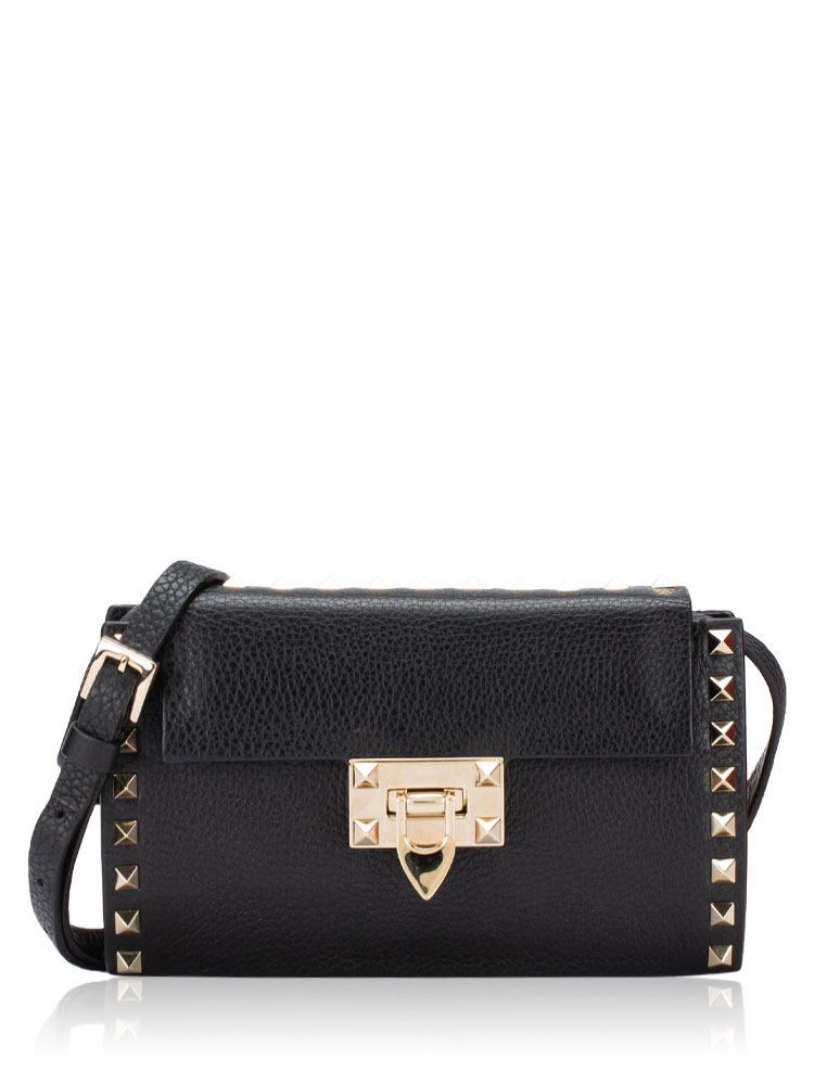 Grained Calfskin Rockstud Crossbody Bag Black