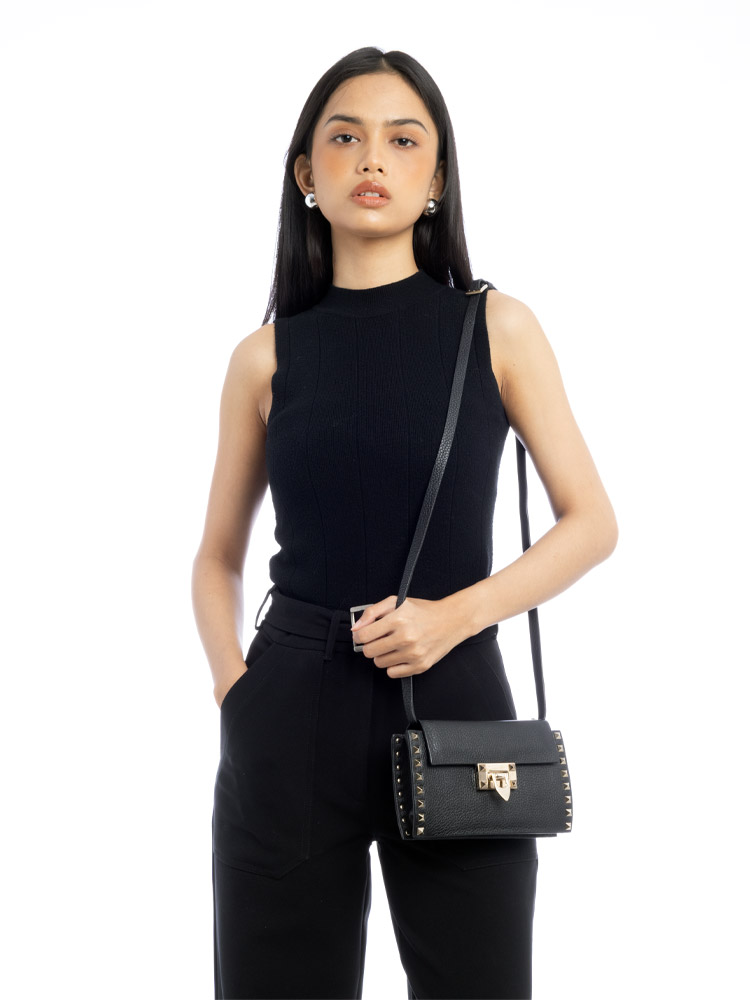Grained Calfskin Rockstud Crossbody Bag Black