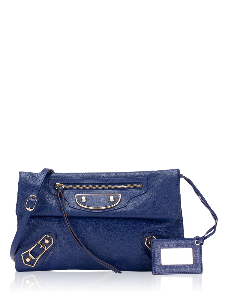 Gold Metallic Edge Envelope Clutch with Strap Blue Cobalt