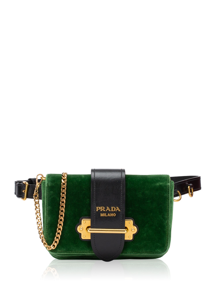 1BL004 City Calf Cahier Belt Bag with Chain Crossbody Alloro Nero