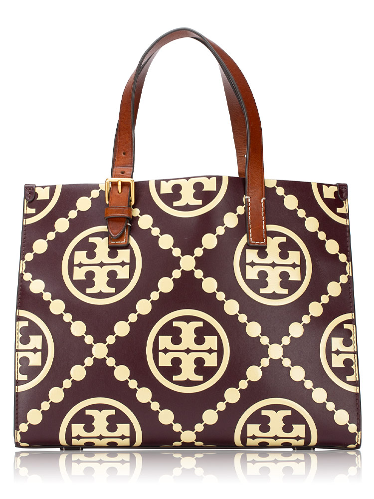 T Monogram Contrast Leather Small Tote Beetle Berry