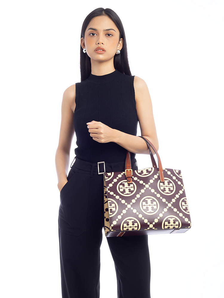 T Monogram Contrast Leather Small Tote Beetle Berry