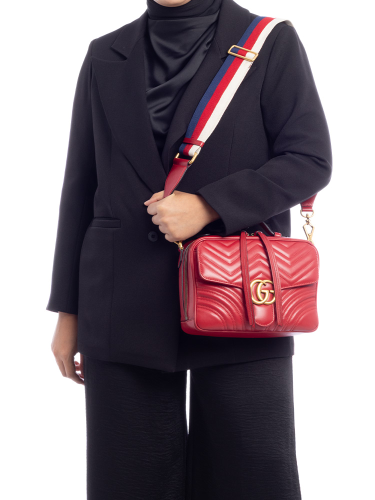 GG Marmont Matelasse Sylvie Web Small Top Handle Bag Hibiscus Red