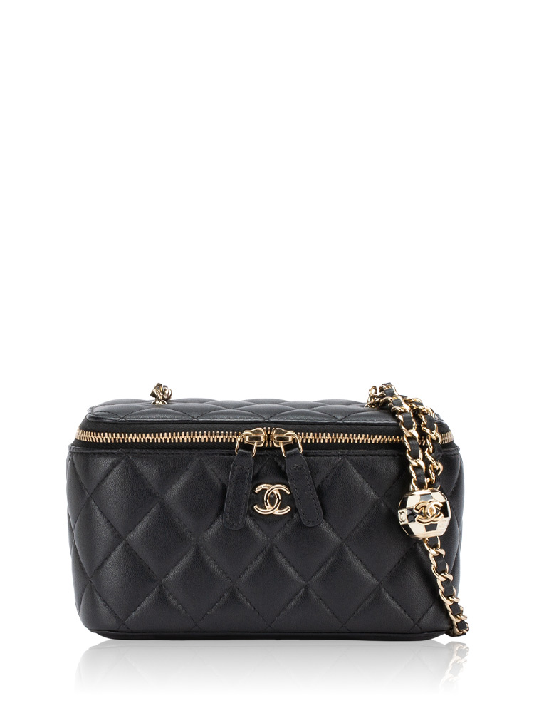 Lambskin Pearl Crush Small Vanity Case With Chain Black