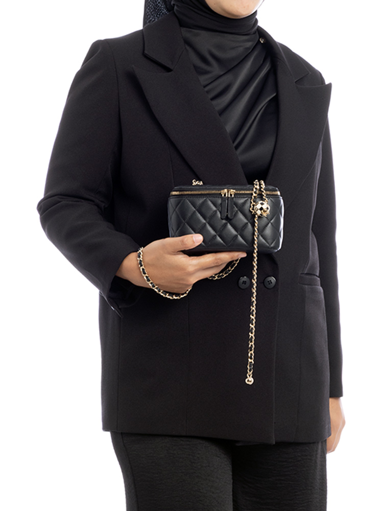 Lambskin Pearl Crush Small Vanity Case With Chain Black