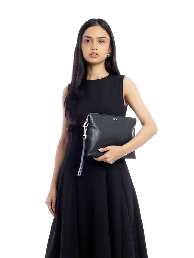 Calfskin Perforated Oblique Galaxy Pouch Black