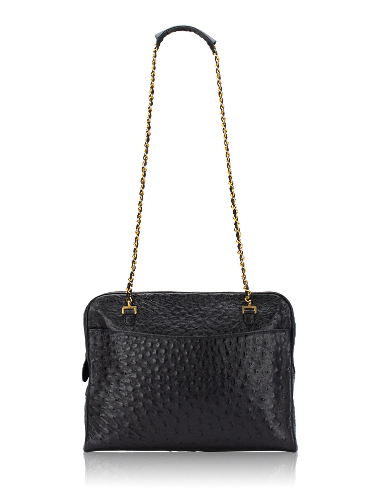 Ostrich Large Shoulder Bag Black