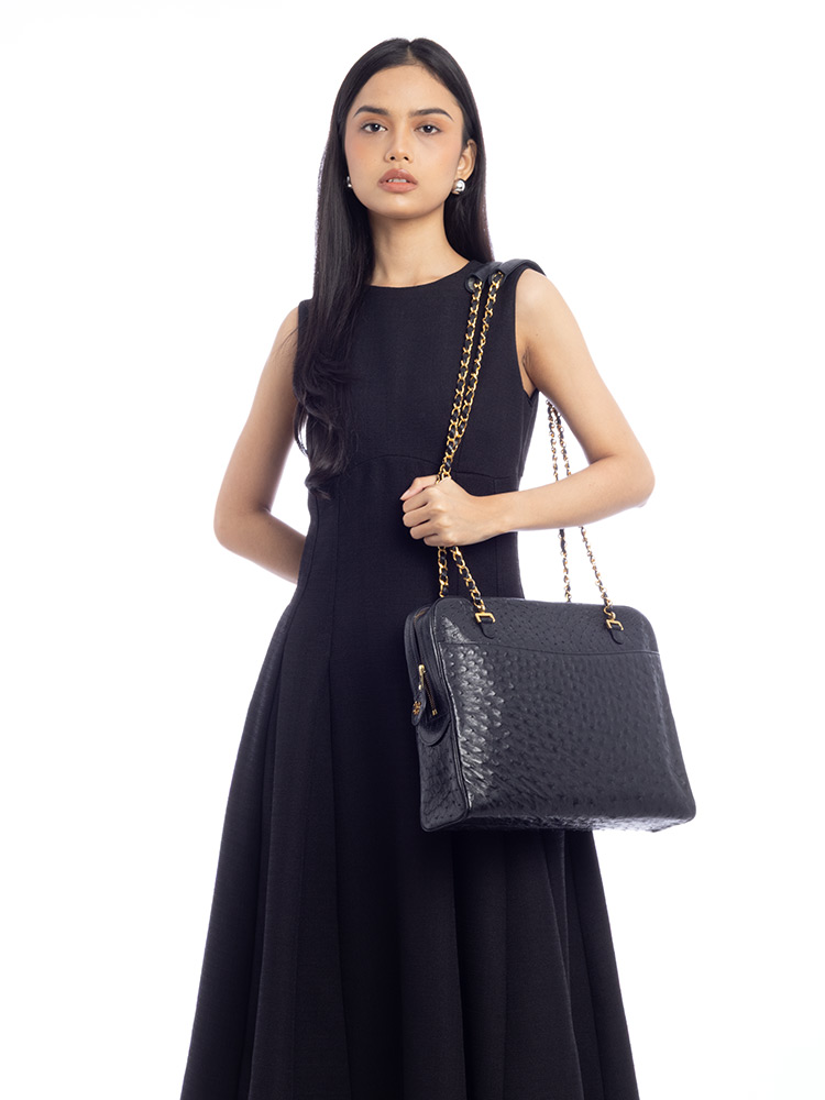 Ostrich Large Shoulder Bag Black