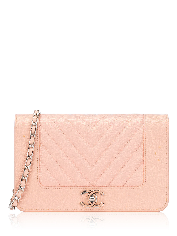 Metallic Caviar Chevron Mademoiselle Wallet On Chain WOC Pink