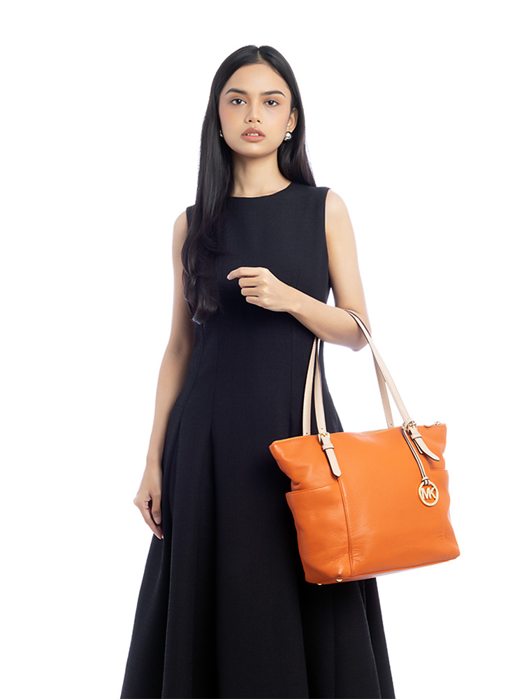 Jet Set Leather Zip Tote Tangerine