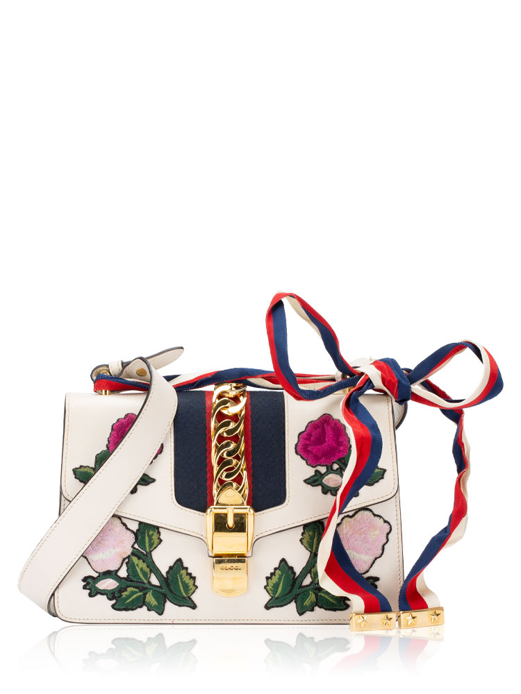 Calfskin Embroidered Sylvie Small Shoulder Bag White