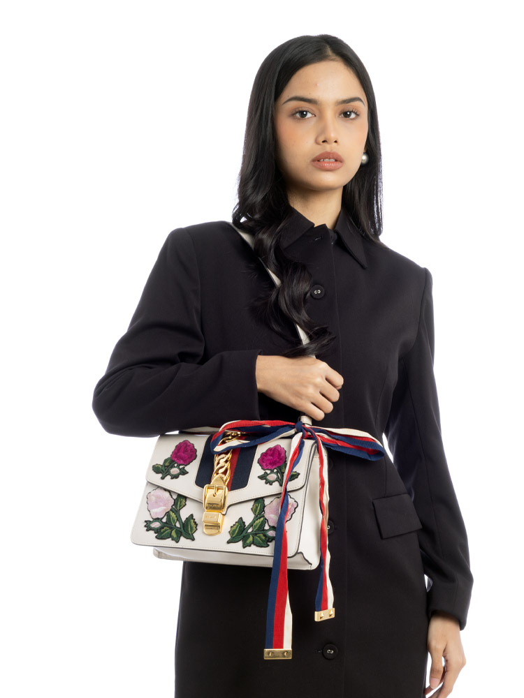 Calfskin Embroidered Sylvie Small Shoulder Bag White