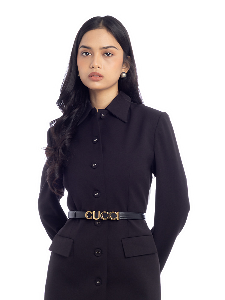 Calfskin Logo 20mm Thin Belt Black Sz 85