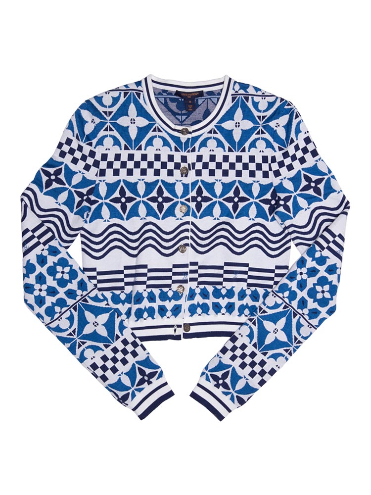 Knitted Cotton Monogram Tile Cropped Cardigan Blue