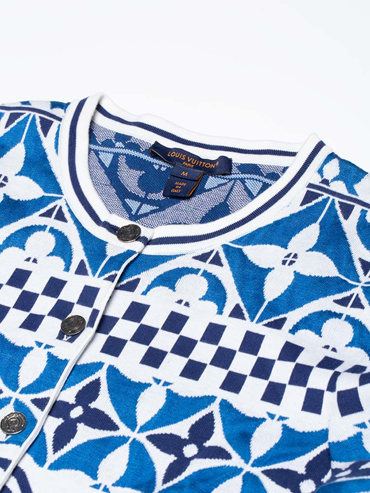 Knitted Cotton Monogram Tile Cropped Cardigan Blue