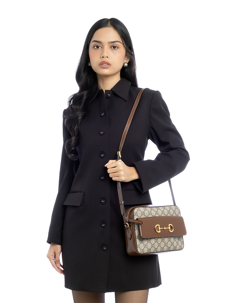 GG Supreme Horsebit 1955 Small Shoulder Bag Beige Ebony