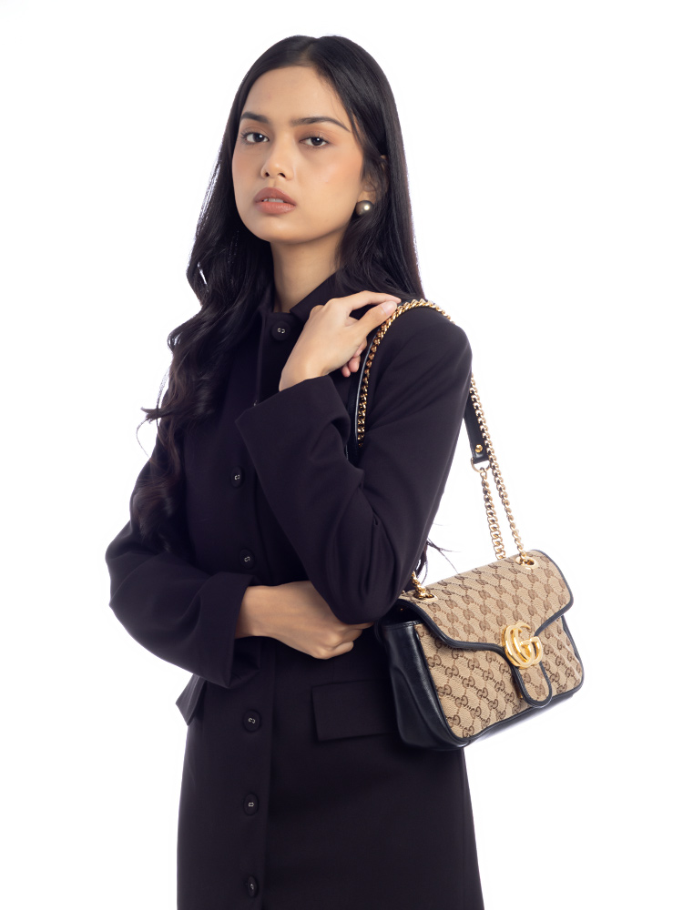 Canvas Matelasse GG Marmont Small Shoulder Bag Beige Black