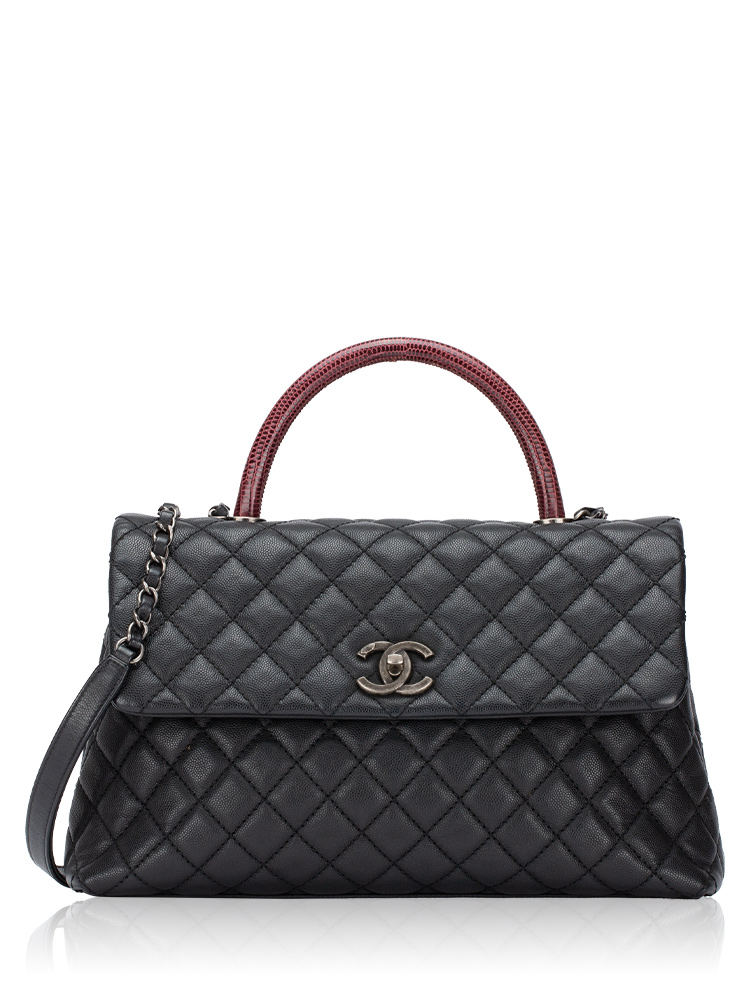 Caviar Lizard Handle Large Coco Handle Flap Bag Black