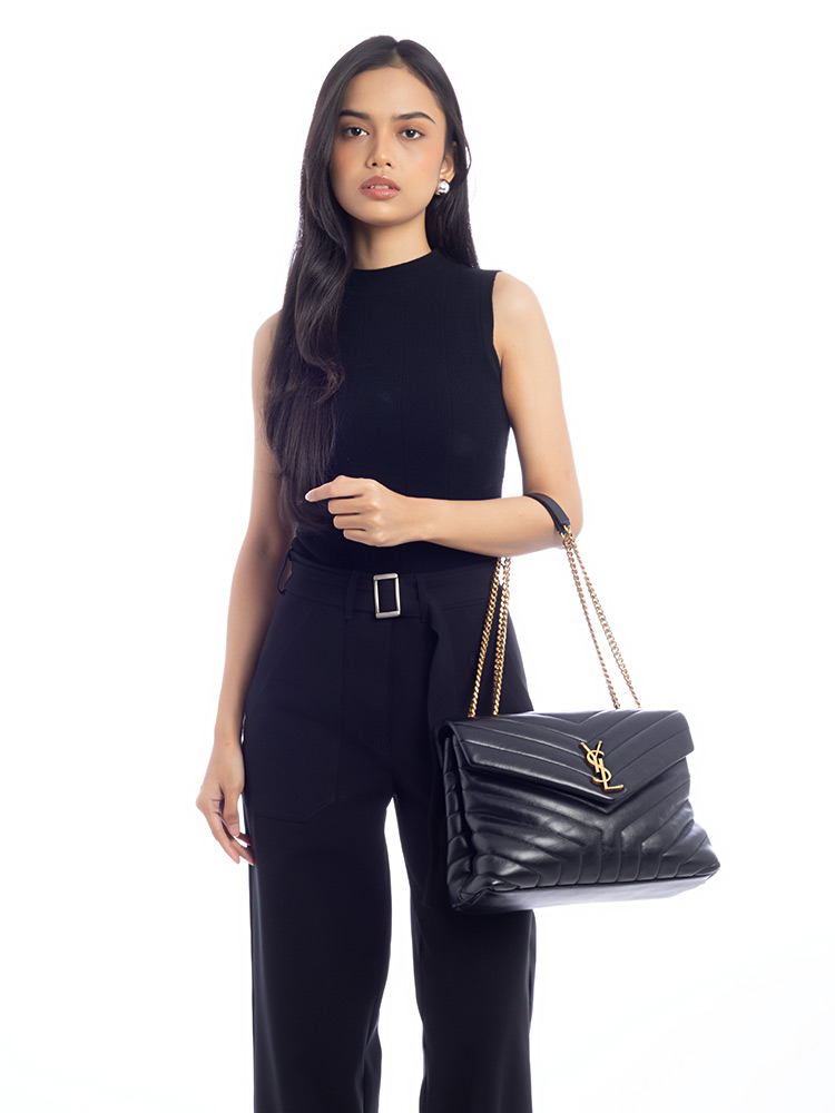 Calfskin Y Quilted Monogram Loulou Medium Shoulder Bag Black