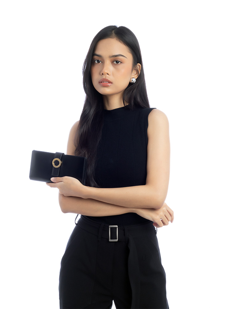 Vintage Calfskin Circle Logo Long Wallet Black