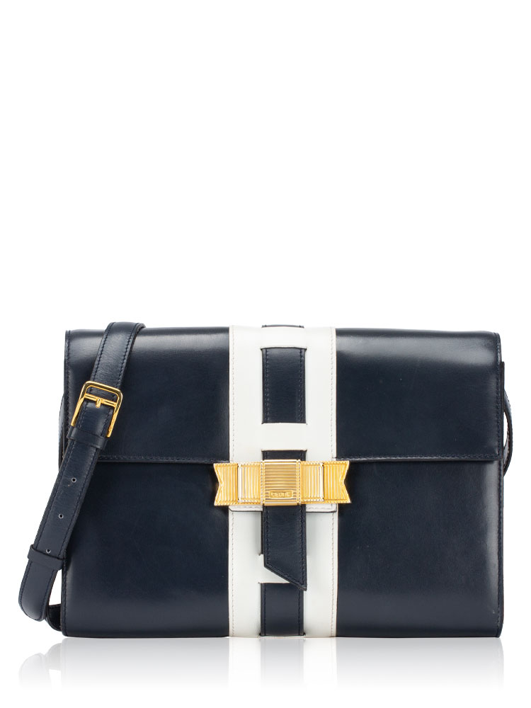 Vintage Calfskin Ribbon Shoulder Bag Navy