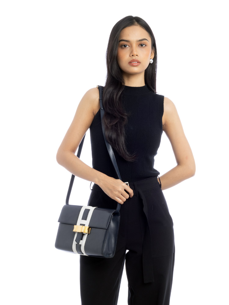 Vintage Calfskin Ribbon Shoulder Bag Navy