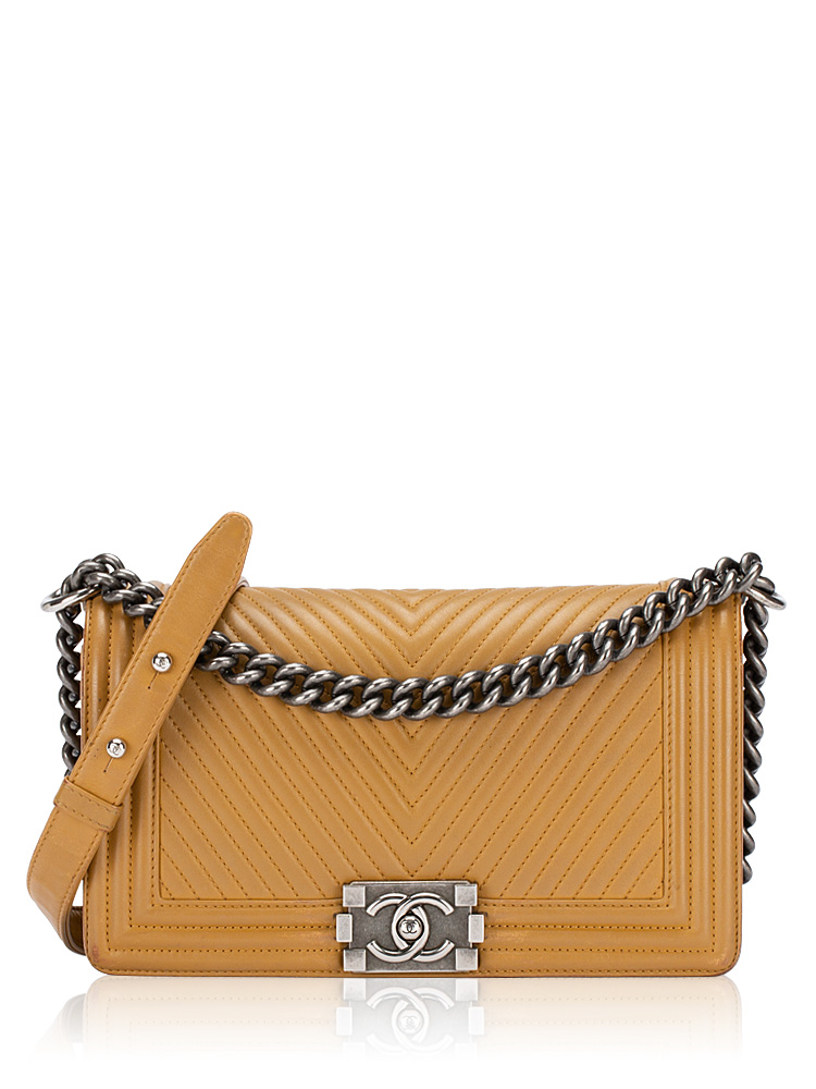 Lambskin Chevron Boy Medium Flap Bag Dark Beige