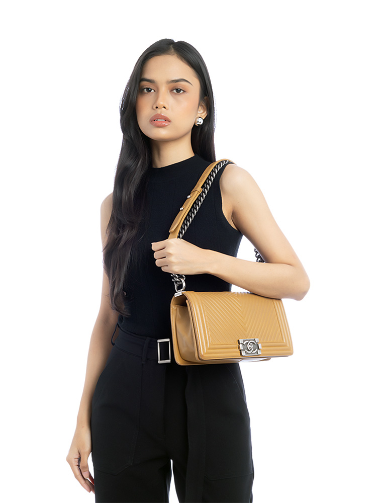 Lambskin Chevron Boy Medium Flap Bag Dark Beige