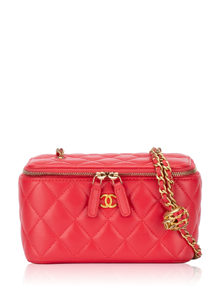 Lambskin Pearl Crush Small Vanity Case With Chain Red