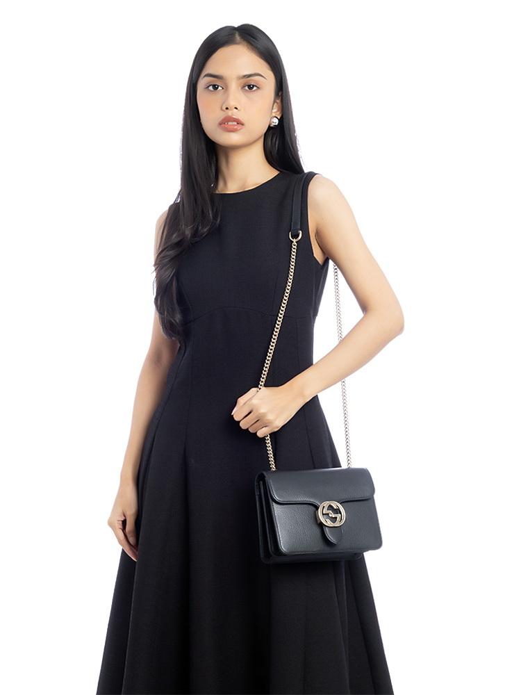 Calfskin Dollar Interlocking G Small Shoulder Bag Black