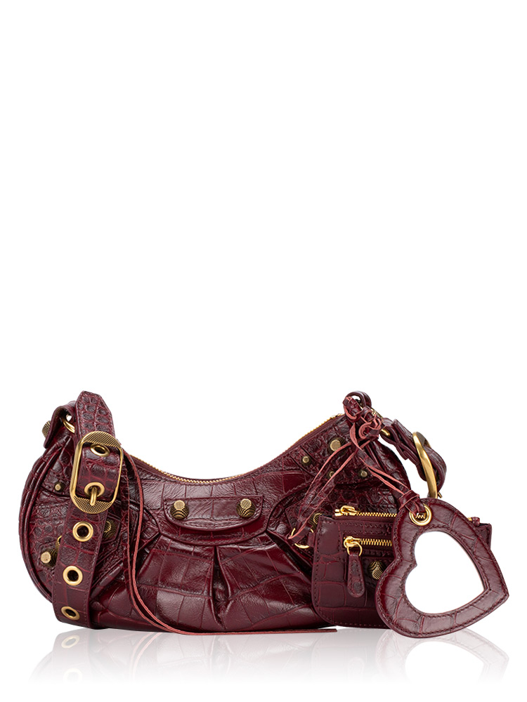 Supple Calfskin with Croco Effect Le Cagole Shoulder Bag XS Dark Red