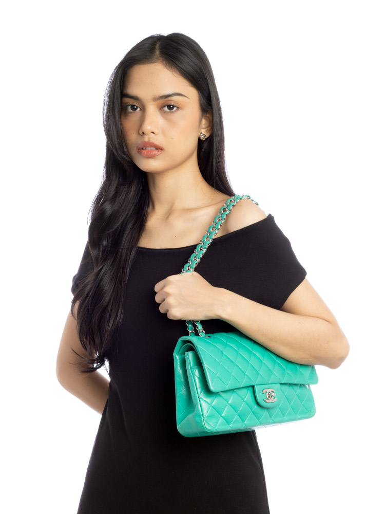Lambskin Classic Medium Double Flap Bag Green
