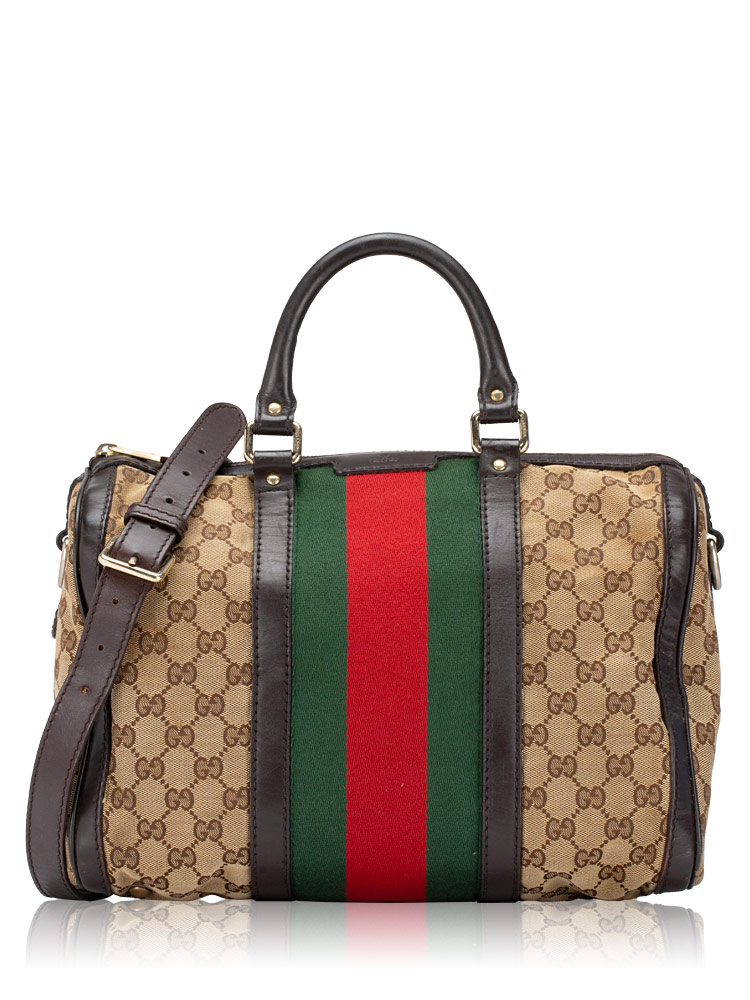 Canvas Vintage Web Medium Boston Bag with Strap Beige Ebony