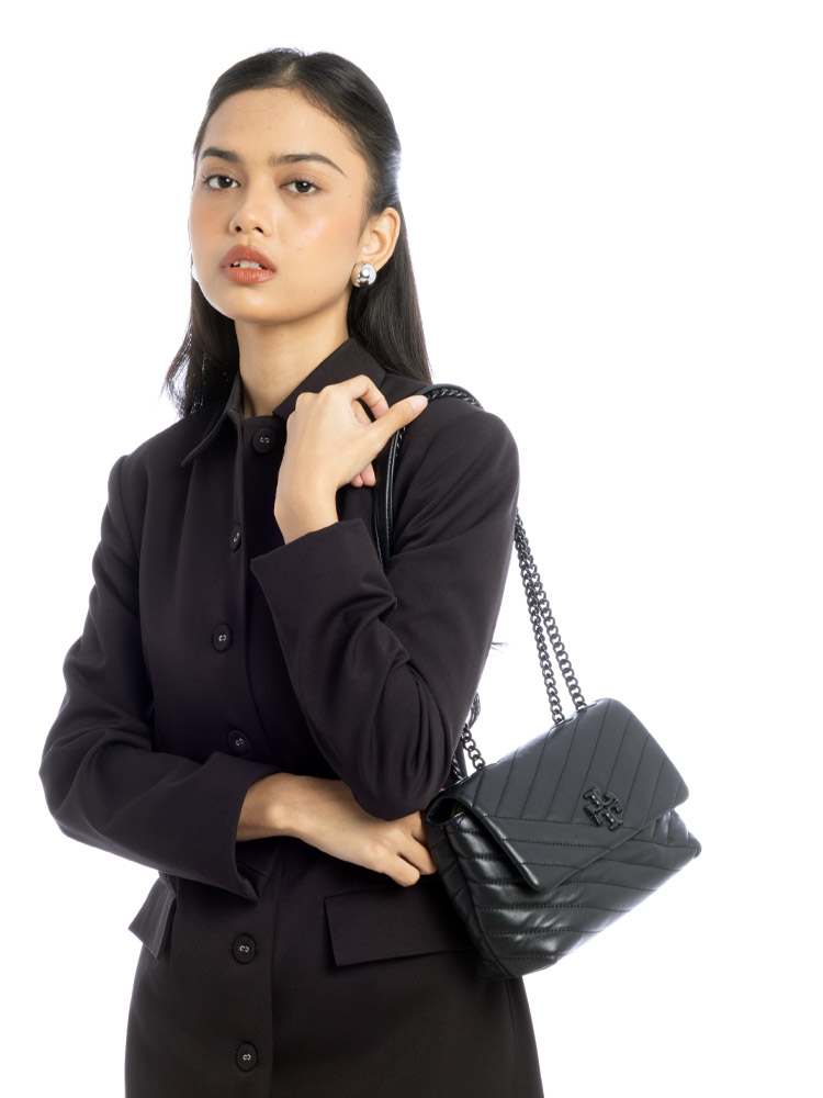 Kira Chevron Powder Coated Convertible Shoulder Bag Black