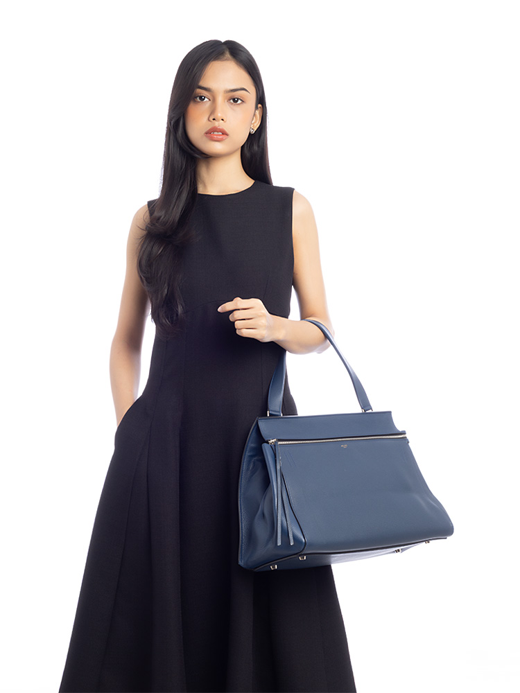 Grained Calfskin Edge Large Shoulder Bag Blue