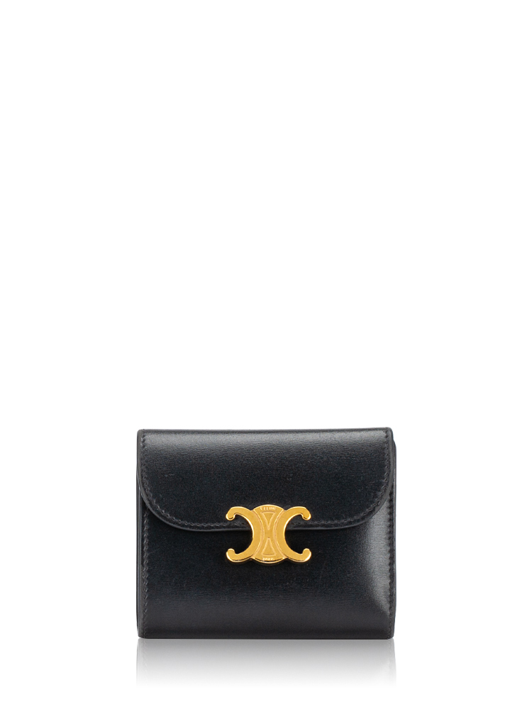 Shiny Calfskin Triomphe Small Flap Wallet Black