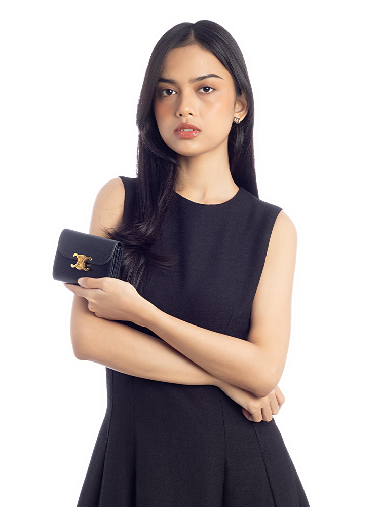 Shiny Calfskin Triomphe Small Flap Wallet Black