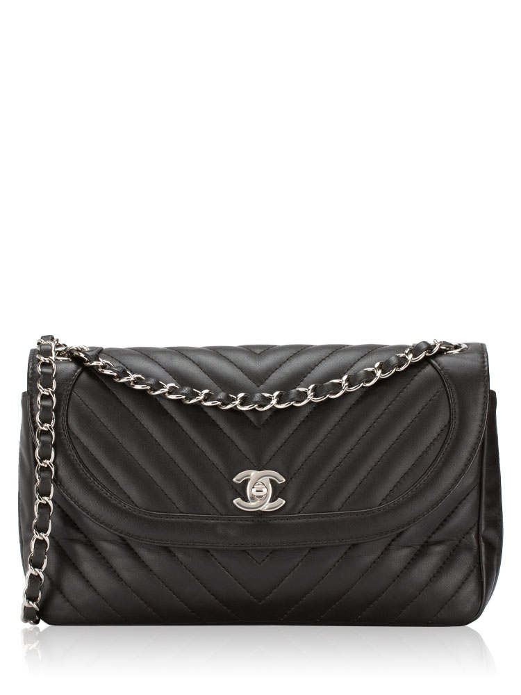 Lambskin Chevron Medium Round CC Flap Bag Chocolate